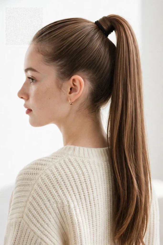 Sleek Medium Brown Mid-Back Ponytail, Close-Up Take Sleek Medium Brown Mid-Back Ponytail, Close-Up Take — Simple Pony Hairstyles