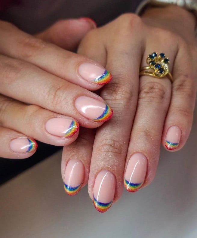 Short Oval Nude Base Rainbow French Tips Short Oval Nude Base Rainbow French Tips — Simple Rainbow Nails