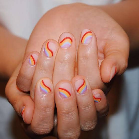 Short Almond Delicate Rainbow Arcs Short Almond Delicate Rainbow Arcs — Simple Rainbow Nails