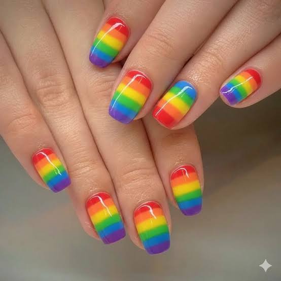 Short Oval Vibrant Rainbow Stripes Short Oval Vibrant Rainbow Stripes — Simple Rainbow Nails