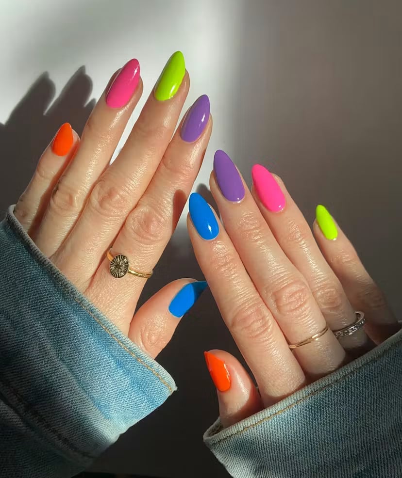 Vibrant Neon Solid Color Medium Almonds Vibrant Neon Solid Color Medium Almonds — Simple Rainbow Nails