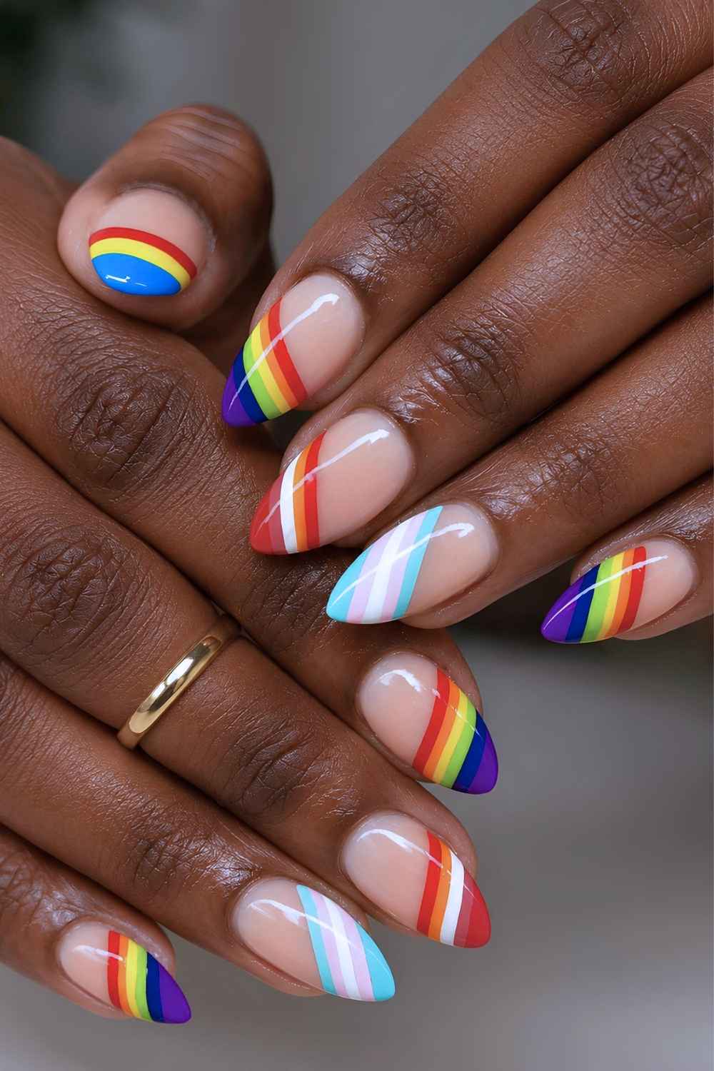 Medium Almond Diagonal Rainbow Stripes, Glossy Medium Almond Diagonal Rainbow Stripes, Glossy — Simple Rainbow Nails