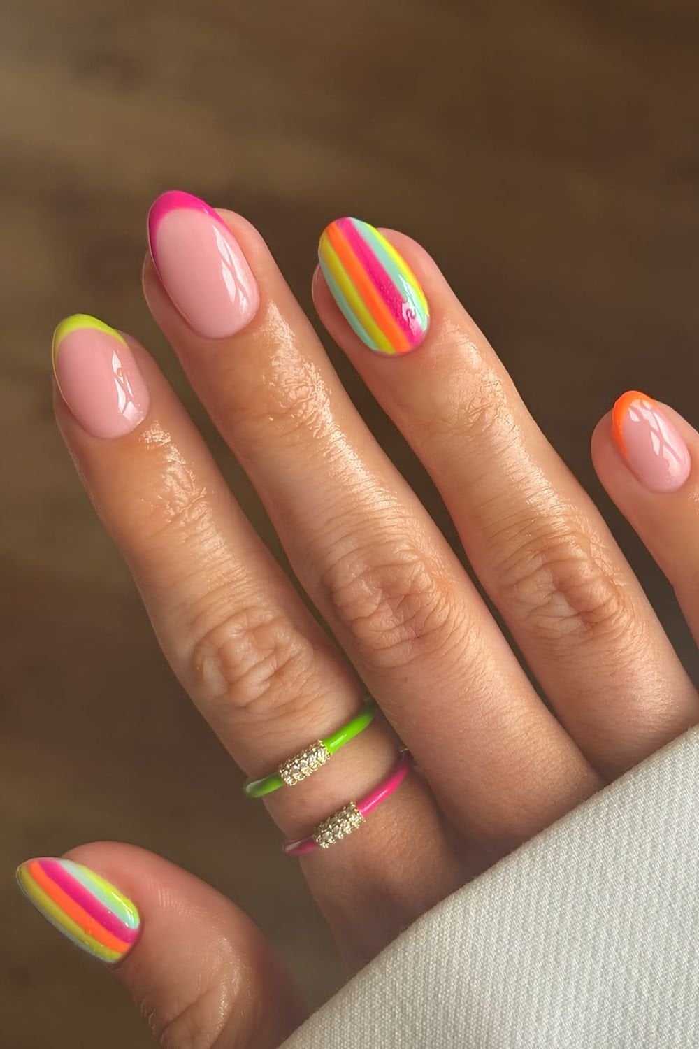 Medium Oval Neon Wavy Rainbow Lines Medium Oval Neon Wavy Rainbow Lines — Simple Rainbow Nails