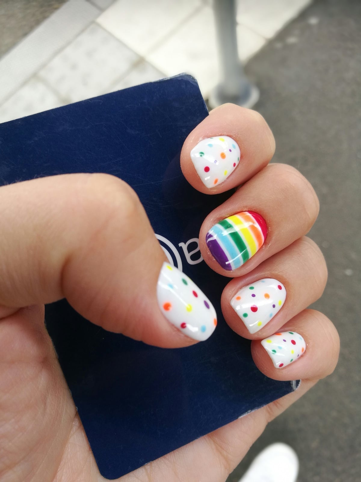 Short Almond Rainbow Stripe with Dots Short Almond Rainbow Stripe with Dots — Simple Rainbow Nails