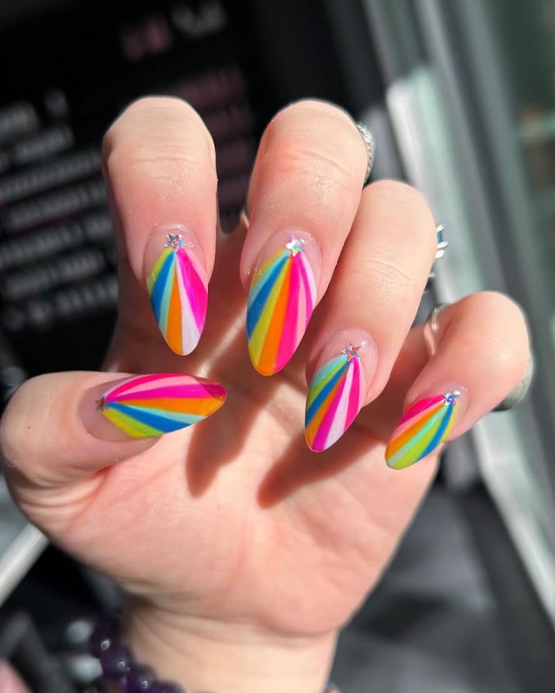 Medium Almond Striped Rainbow with Stars Medium Almond Striped Rainbow with Stars — Simple Rainbow Nails