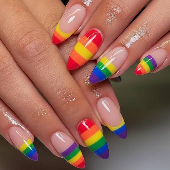 Long Almond Bold Rainbow Stripes Long Almond Bold Rainbow Stripes — Simple Rainbow Nails