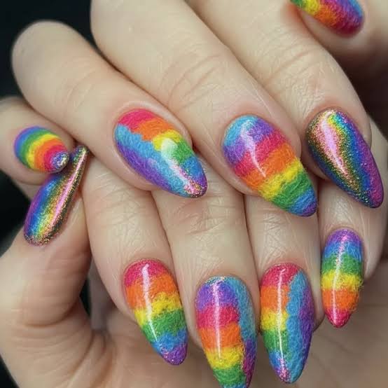 Long Stiletto Textured Rainbow Stripes, Red Long Stiletto Textured Rainbow Stripes, Red — Simple Rainbow Nails