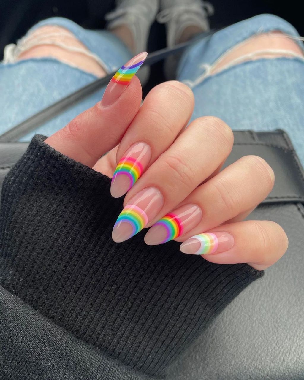 Sheer Nude Long Almond Rainbow Tips Sheer Nude Long Almond Rainbow Tips — Simple Rainbow Nails