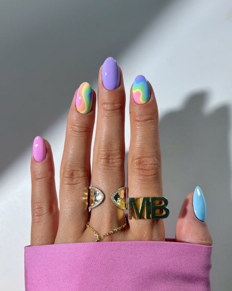 Medium Almond Pastel Rainbow Swirls Medium Almond Pastel Rainbow Swirls — Simple Rainbow Nails