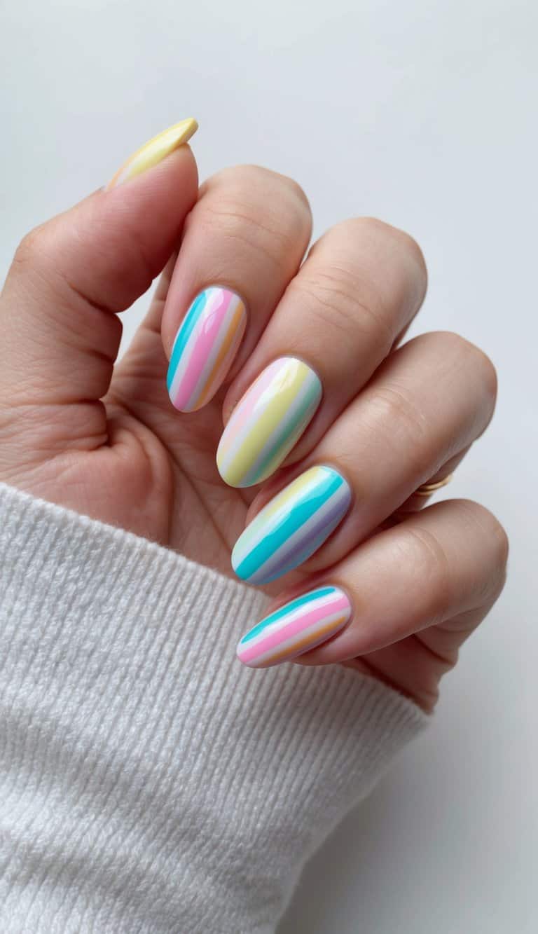 Medium Oval Pastel Horizontal Rainbow Stripes Medium Oval Pastel Horizontal Rainbow Stripes — Simple Rainbow Nails