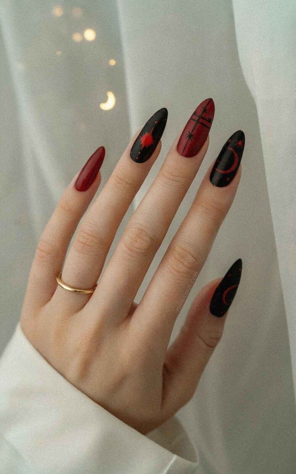 Long Stiletto Matte Black With Red Plaid — Simple Red and Black Nails