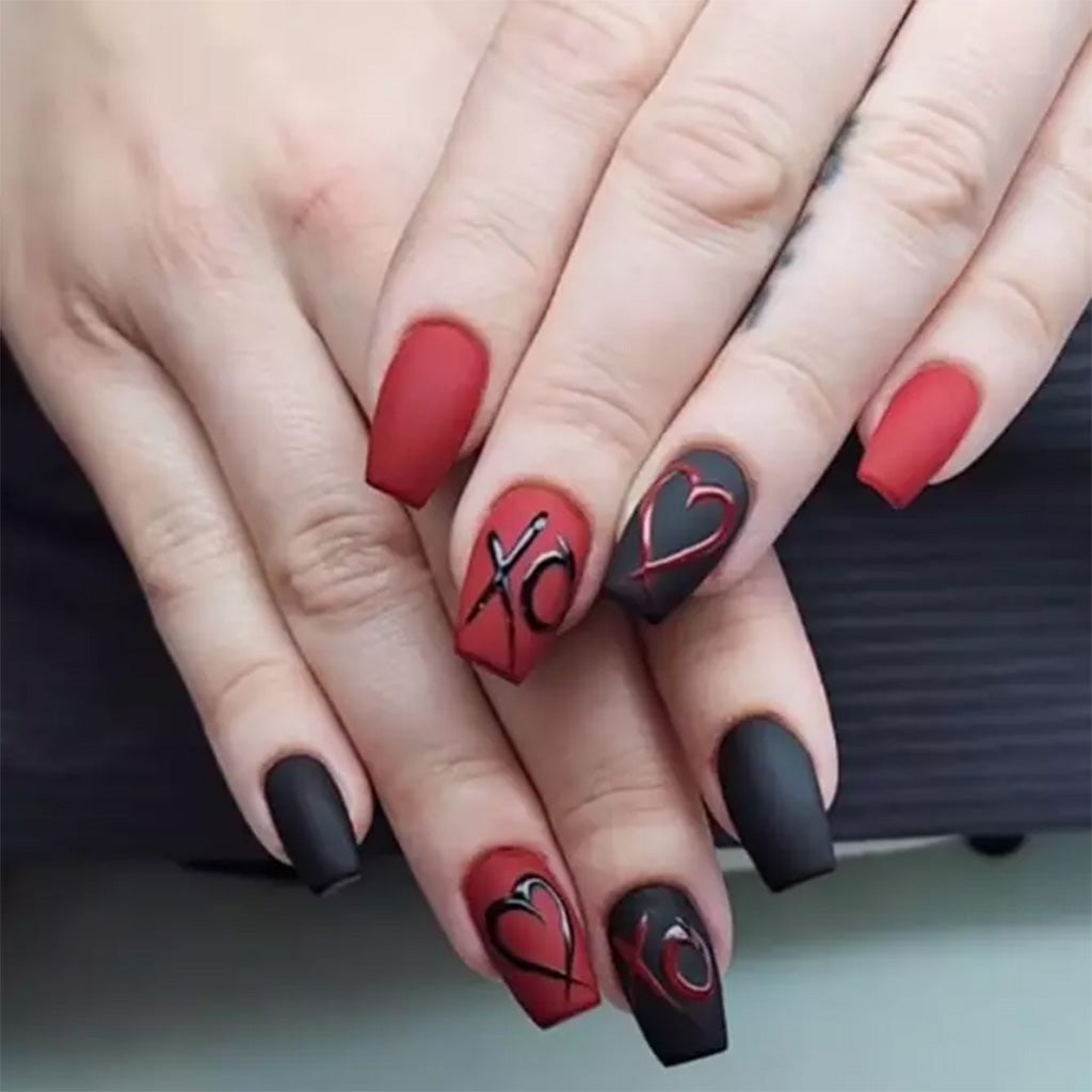 Medium Square Matte Red And Black Hearts — Simple Red and Black Nails