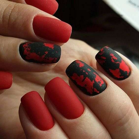 Short Square Matte Red With Black Splatter Art — Simple Red and Black Nails