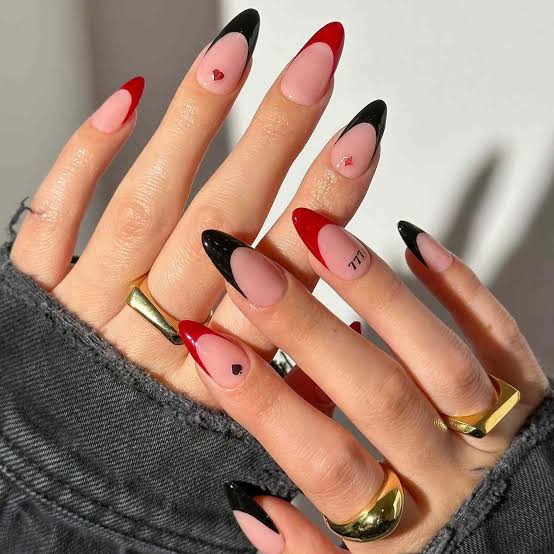 Medium Almond French Red Accent Nails — Simple Red and Black Nails