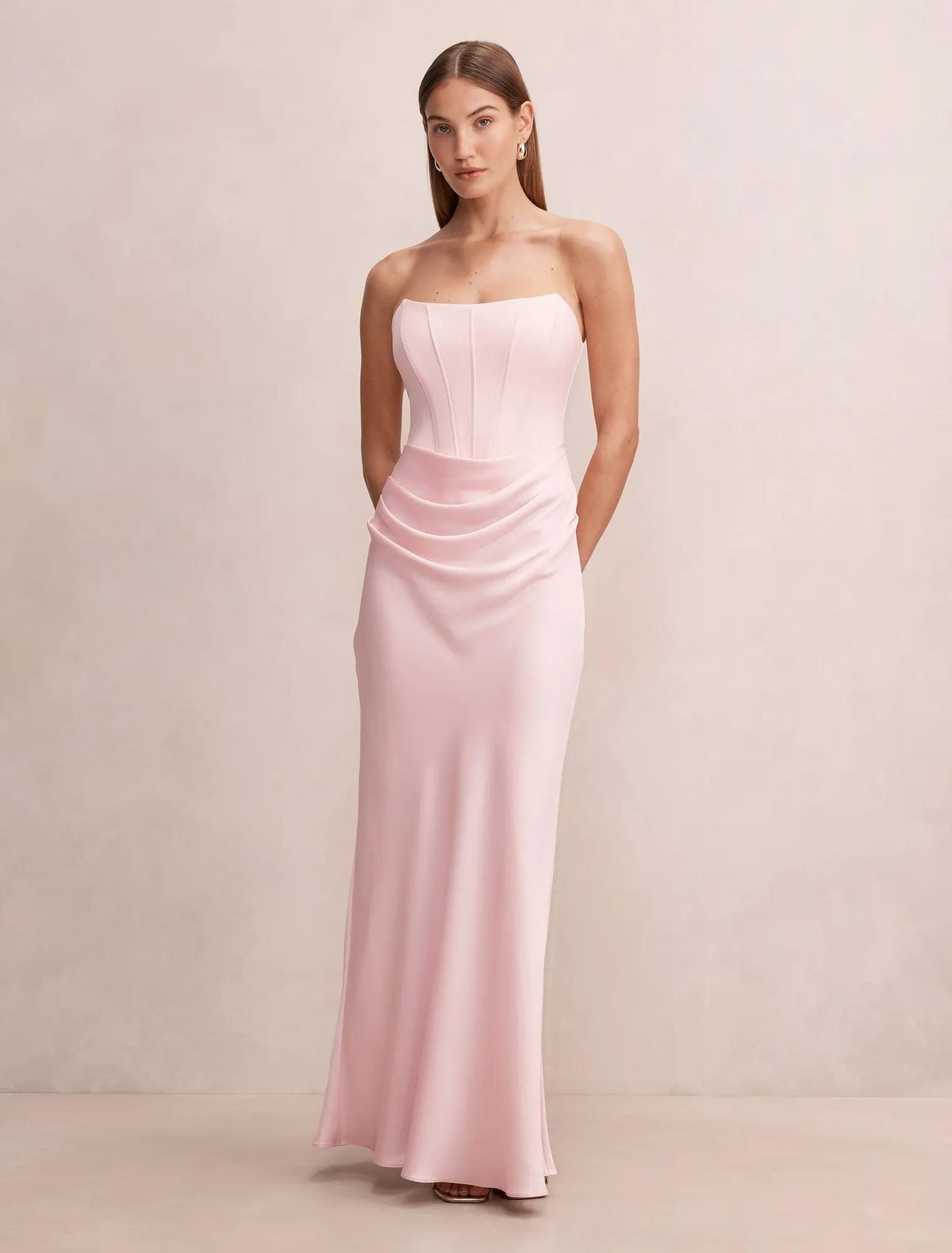 Pale Pink Strapless Floor-Length Dress with Ruching — Simple Semi Formal Dresses