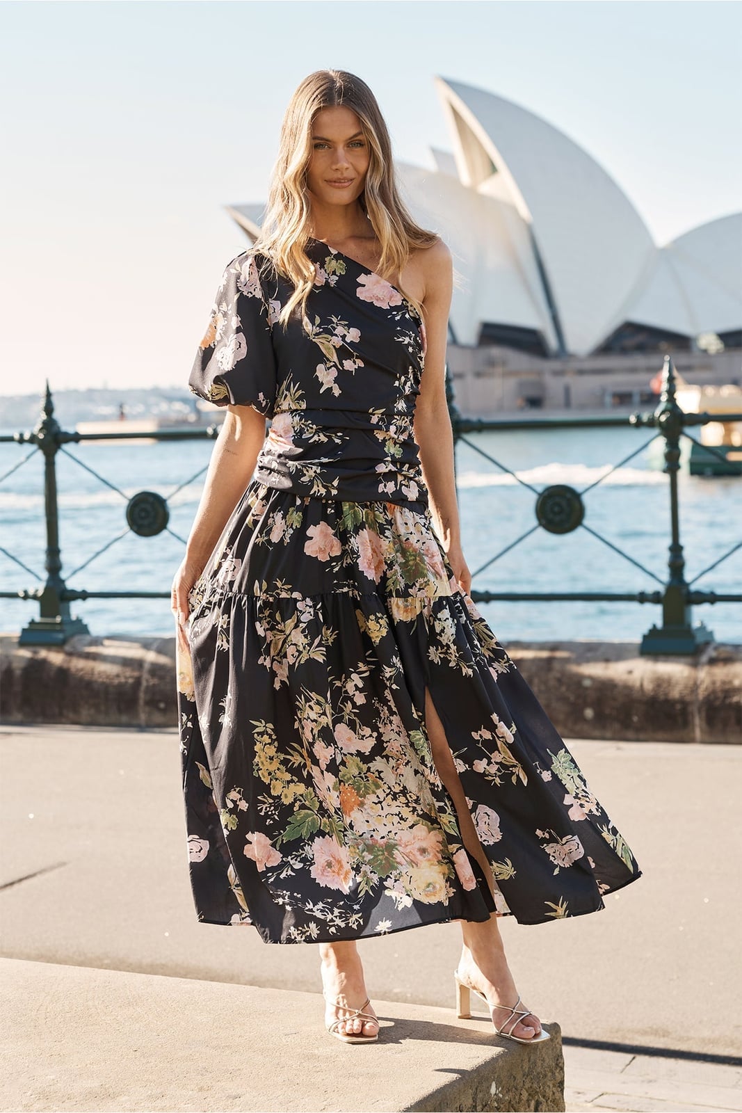 Black Floral Print One-Shoulder Dress — Simple Semi Formal Dresses