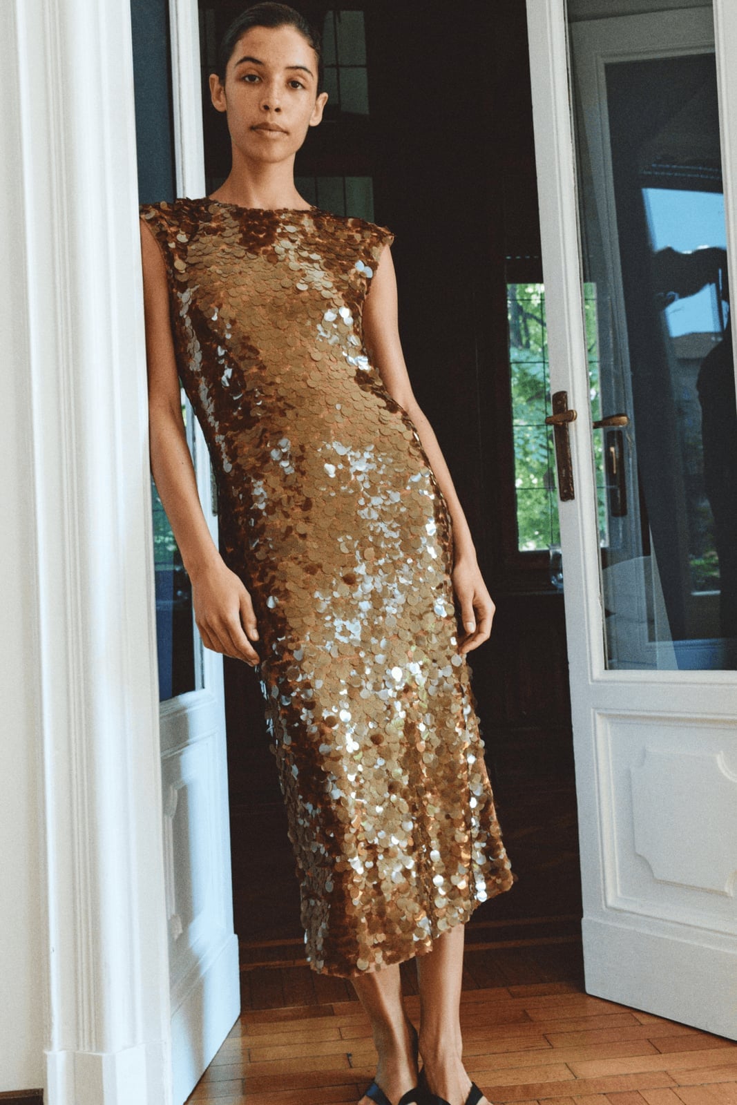 Gold Sequined Midi Dress with Straight Silhouette — Simple Semi Formal Dresses