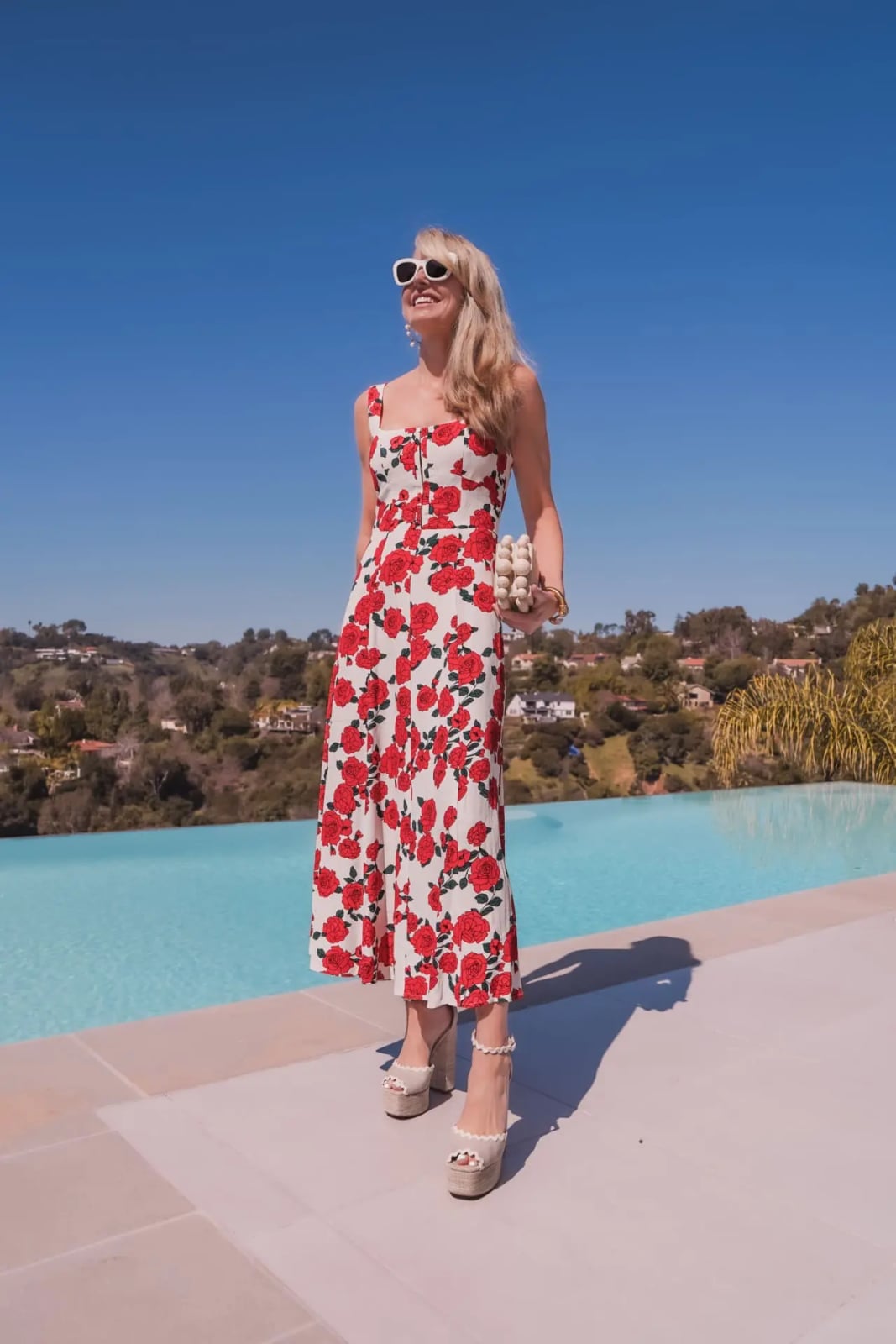 White Midi Dress with Red Rose Print — Simple Semi Formal Dresses