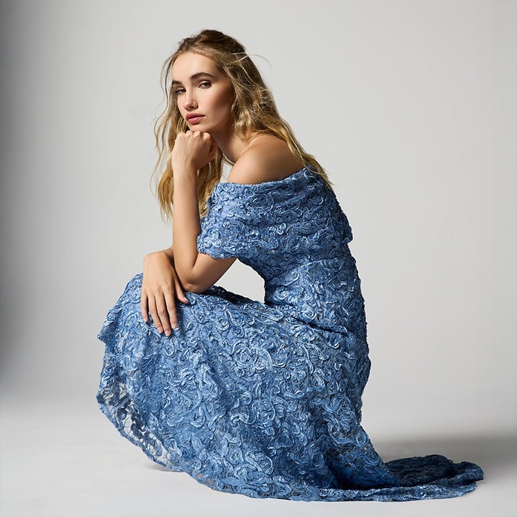 Light Blue Lace Dress with Off-The-Shoulder Neckline — Simple Semi Formal Dresses