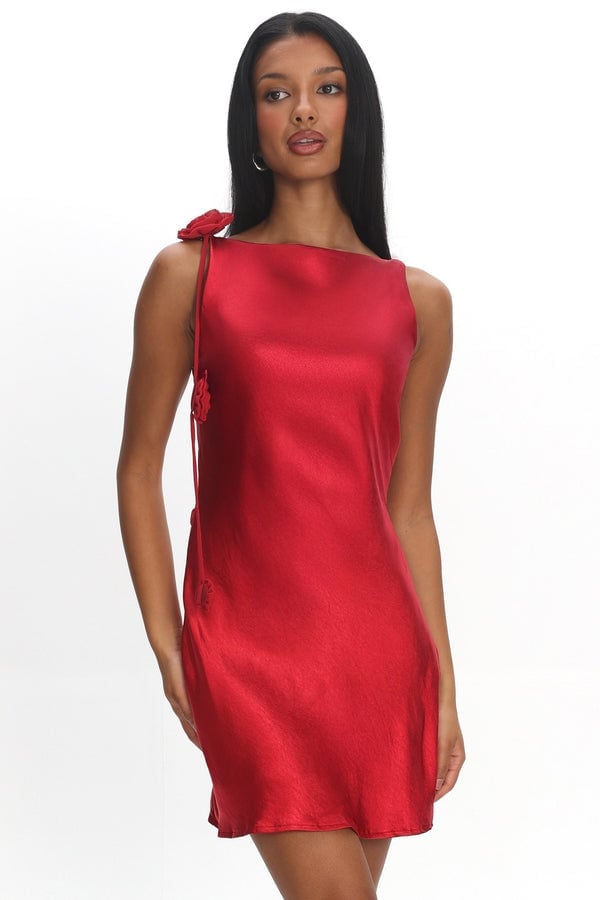 Red Satin Slip Dress with Boat Neckline — Simple Semi Formal Dresses
