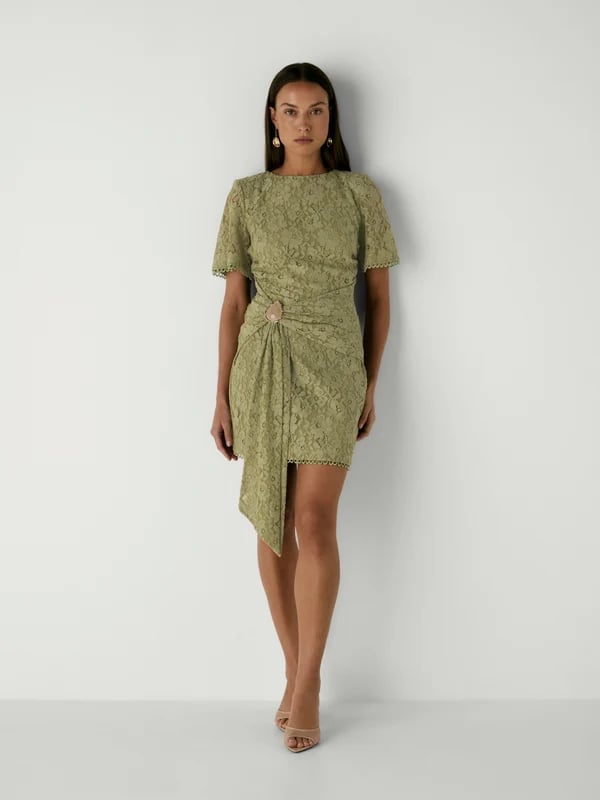 Olive Green Lace Dress with Asymmetrical Hem — Simple Semi Formal Dresses