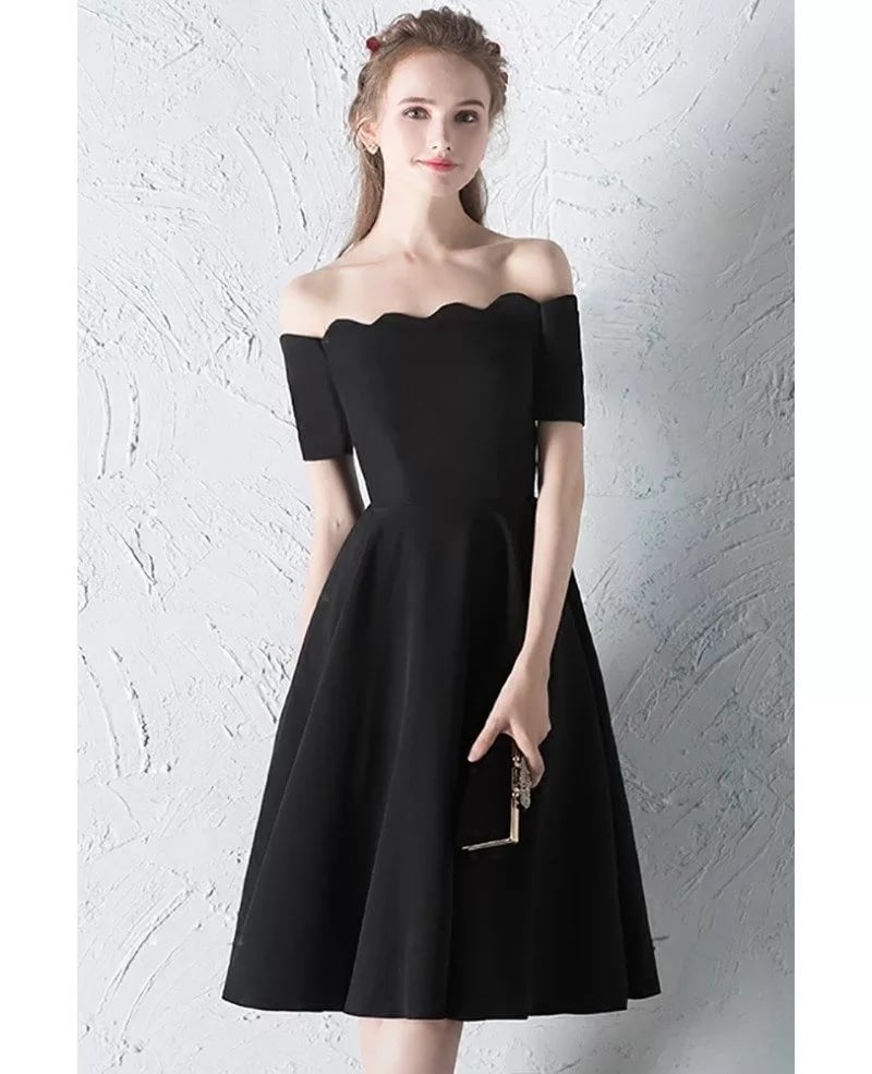 Black Off-Shoulder Dress with Scalloped Neckline — Simple Semi Formal Dresses