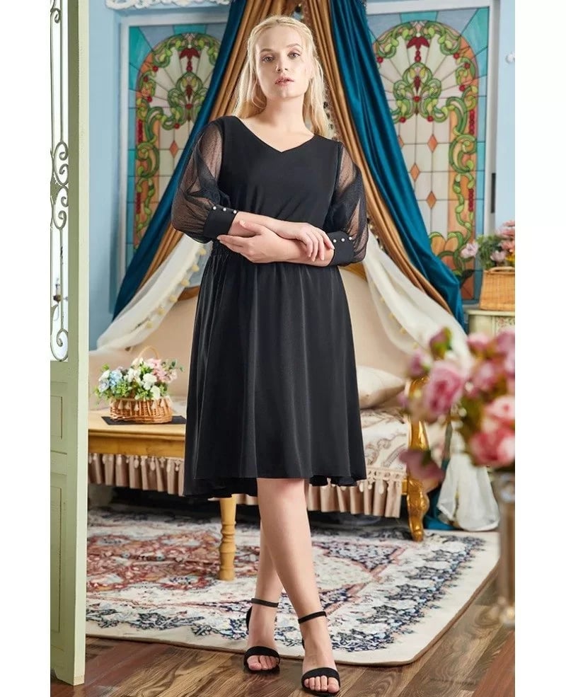 Black A-line Dress with Sheer Pearl Sleeves — Simple Semi Formal Dresses