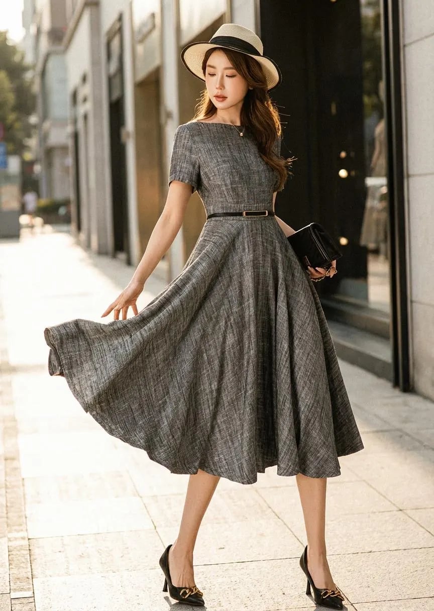 Grey Fit-And-Flare Midi Dress with Flared Skirt — Simple Semi Formal Dresses