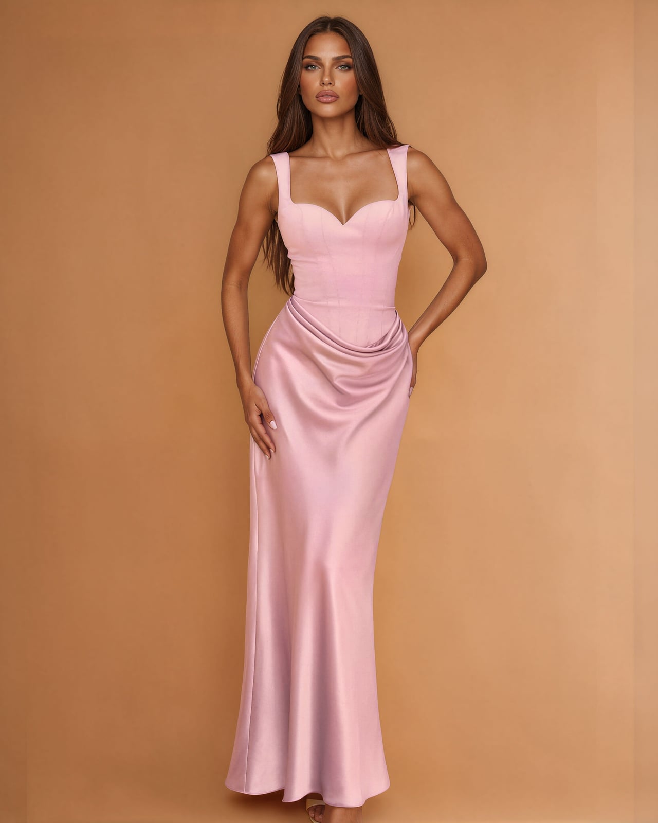 Pink Strapless Gown with Draped Skirt — Simple Semi Formal Dresses