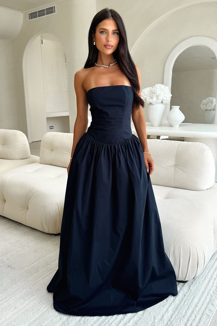 Navy Strapless Ballgown with Voluminous Skirt — Simple Semi Formal Dresses