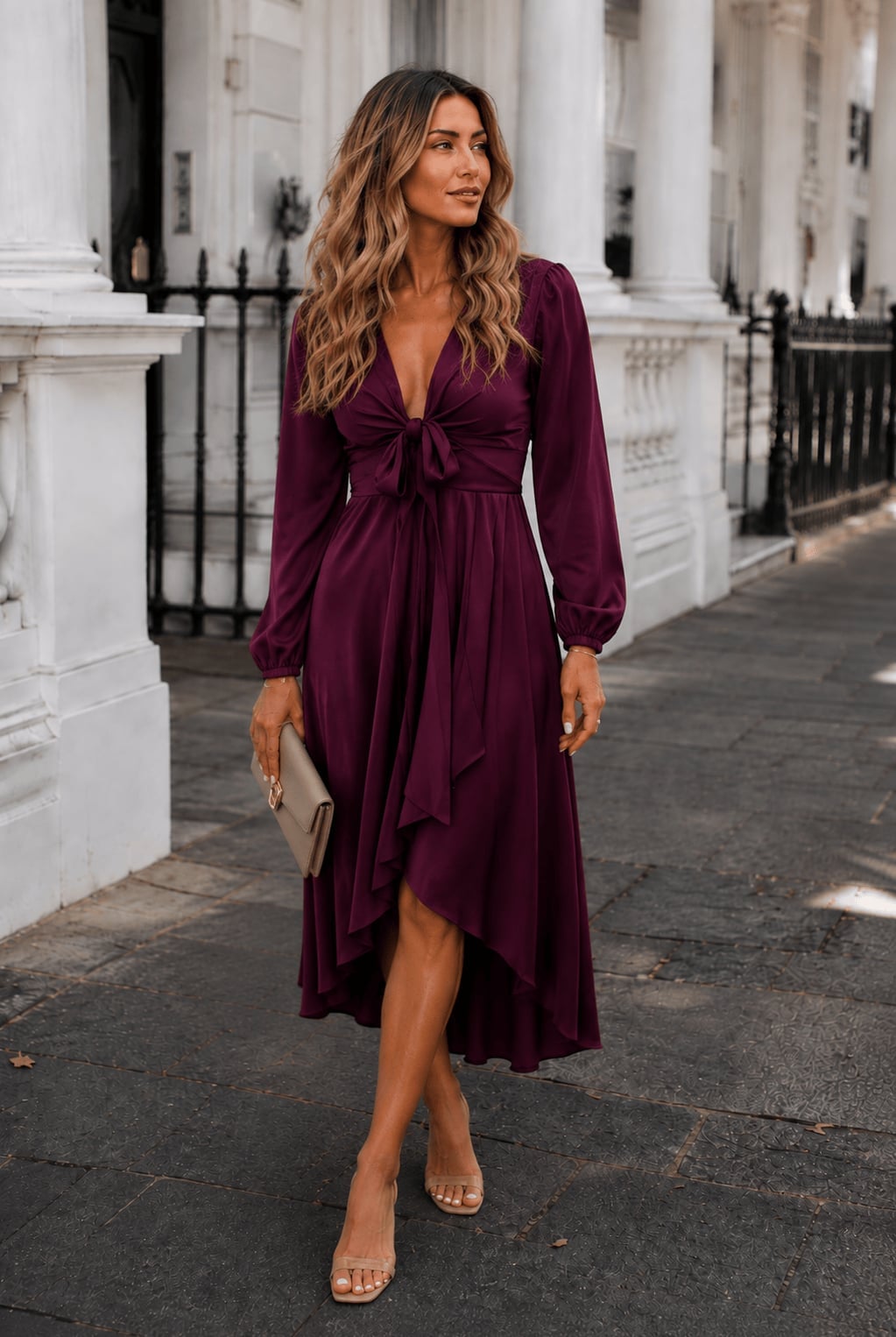 Deep Plum Satin Midi Dress with Tie-Front — Simple Semi Formal Dresses