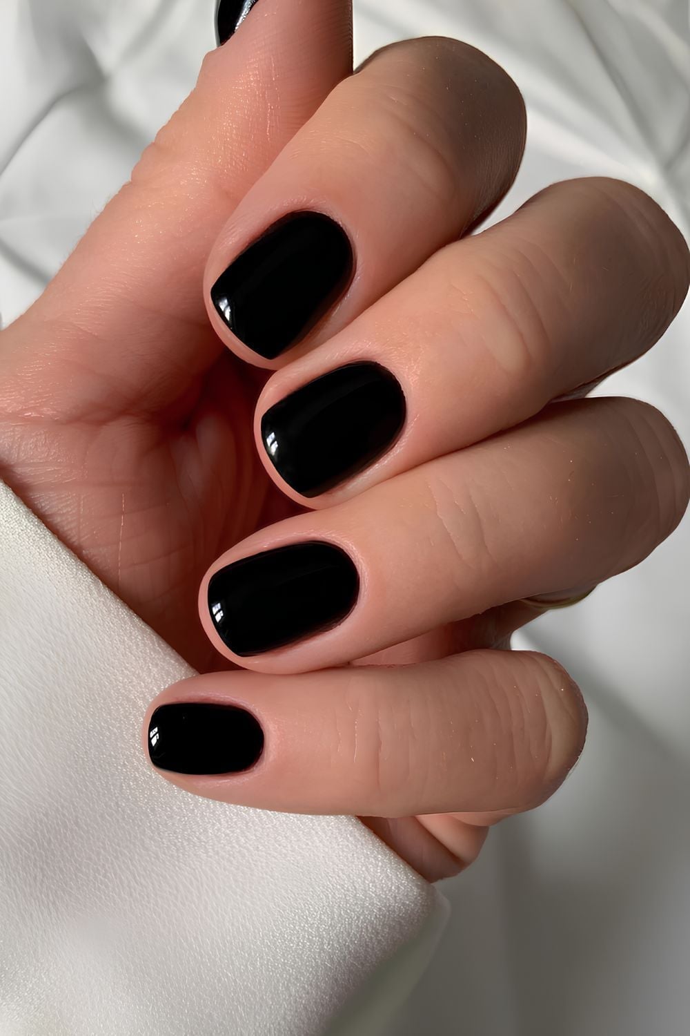 Glossy Black Nails With Abstract White Lines — Simple Short Black Nails