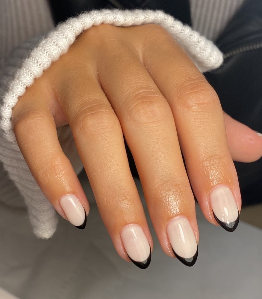Sheer Nude Short Almond Black French Tips, Glossy — Simple Short Black Nails