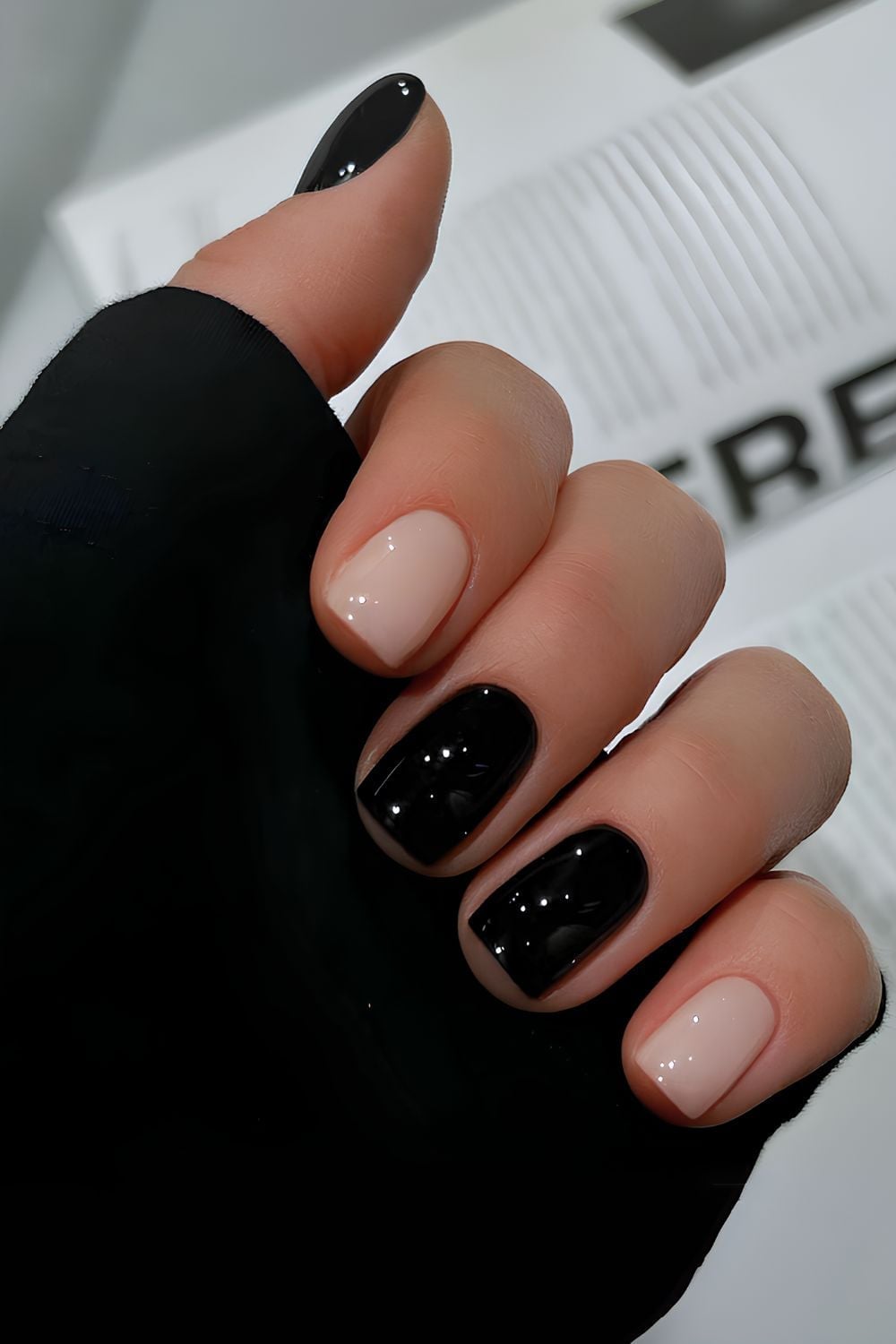 Glossy Black And Nude Color Block Nails — Simple Short Black Nails