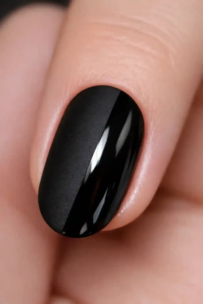 Matte And Glossy Black Dual Finish Nails — Simple Short Black Nails