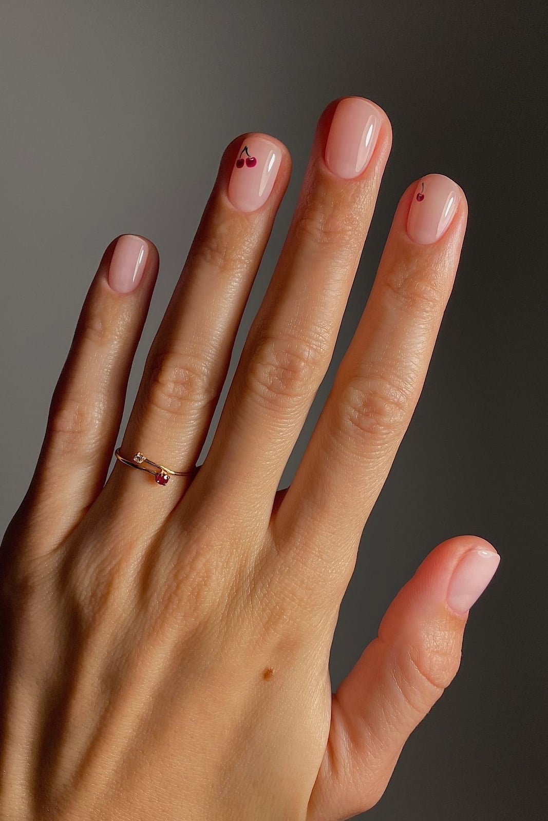 Nude Pink Short Square With Cherry Accent Nude Pink Short Square With Cherry Accent — Simple Short Cute Nails