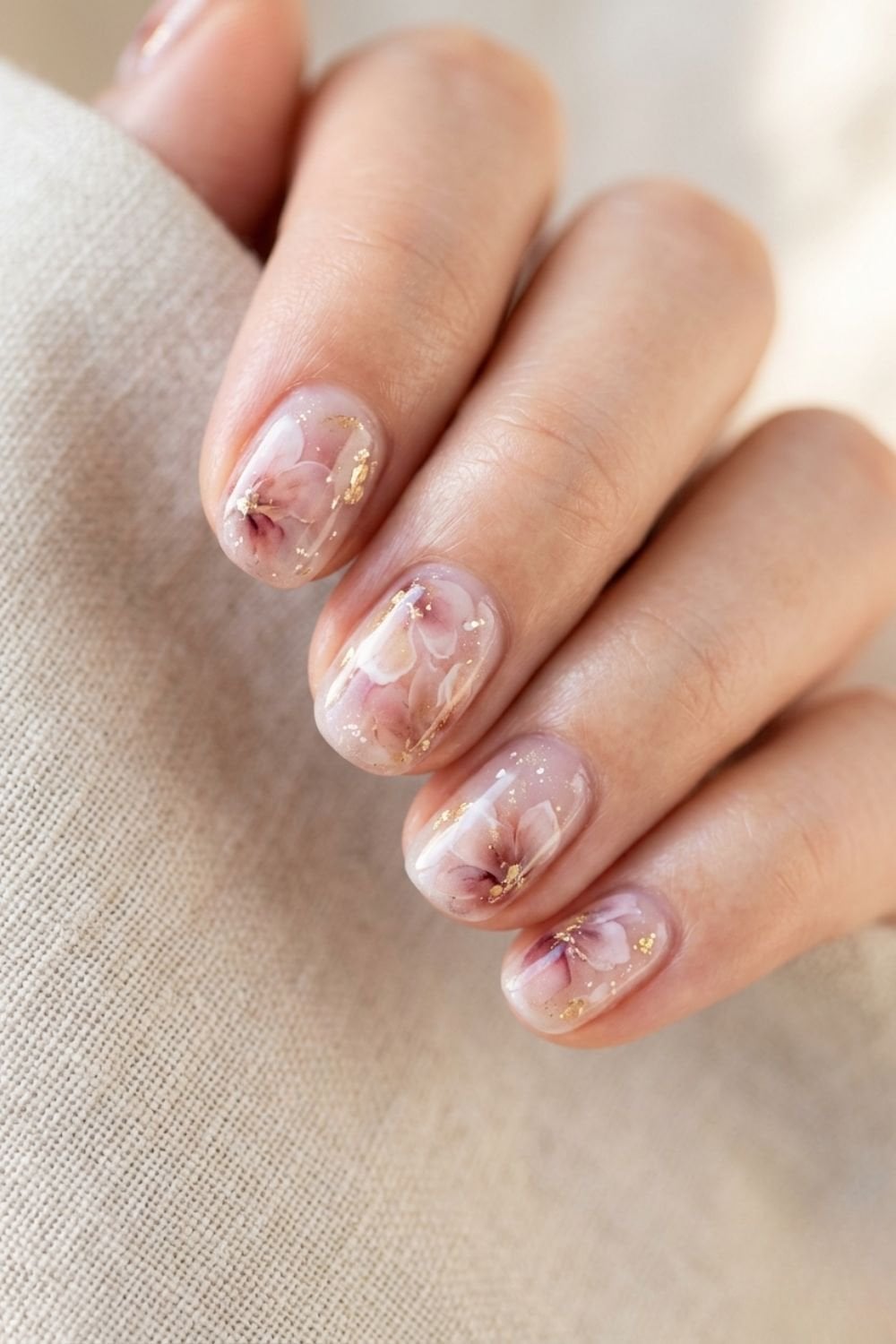 Sheer Pink Short Oval With Gold Flake Flowers Sheer Pink Short Oval With Gold Flake Flowers — Simple Short Cute Nails