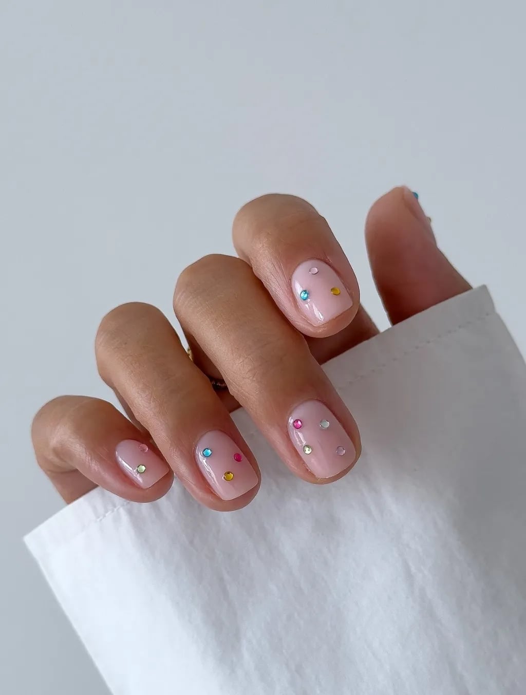Sheer Pink Short Square With Rhinestone Accents Sheer Pink Short Square With Rhinestone Accents — Simple Short Cute Nails
