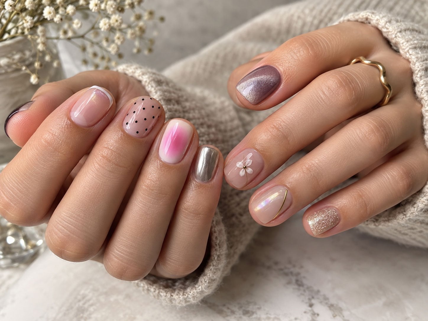 Nude Short Round Nails With Mixed Accents Nude Short Round Nails With Mixed Accents — Simple Short Cute Nails