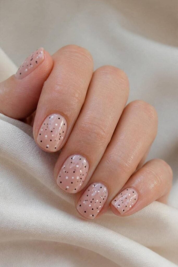 Nude Short Oval With Scattered Polka Dots Nude Short Oval With Scattered Polka Dots — Simple Short Cute Nails