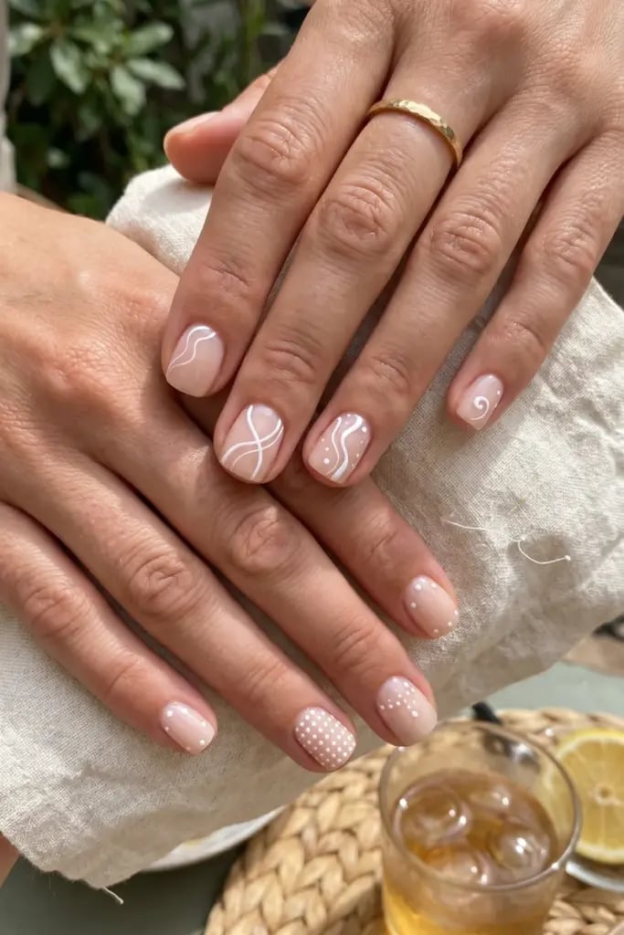 Nude Short Square With White Abstract Lines Nude Short Square With White Abstract Lines — Simple Short Cute Nails