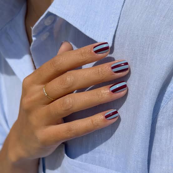 Maroon And Light Blue Stripe Short Square Nails Maroon And Light Blue Stripe Short Square Nails — Simple Short Cute Nails