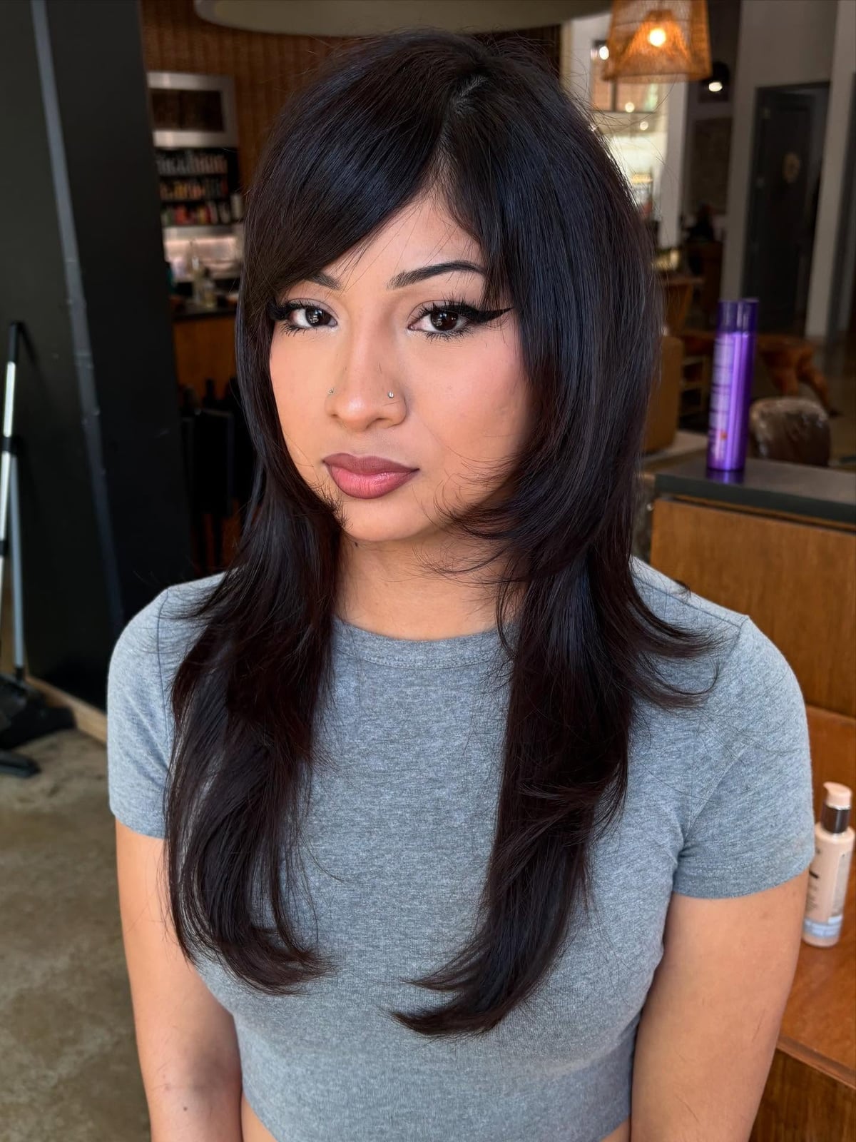 Collarbone Bob With Wavy Side Swept Bangs, Mid-Back — Simple Side Swept Bangs