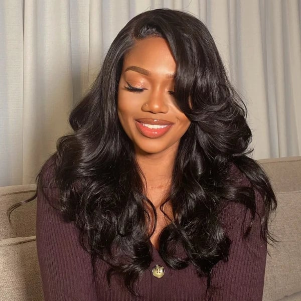 Long Thick Black Hair With Soft Waves — Simple Side Swept Bangs