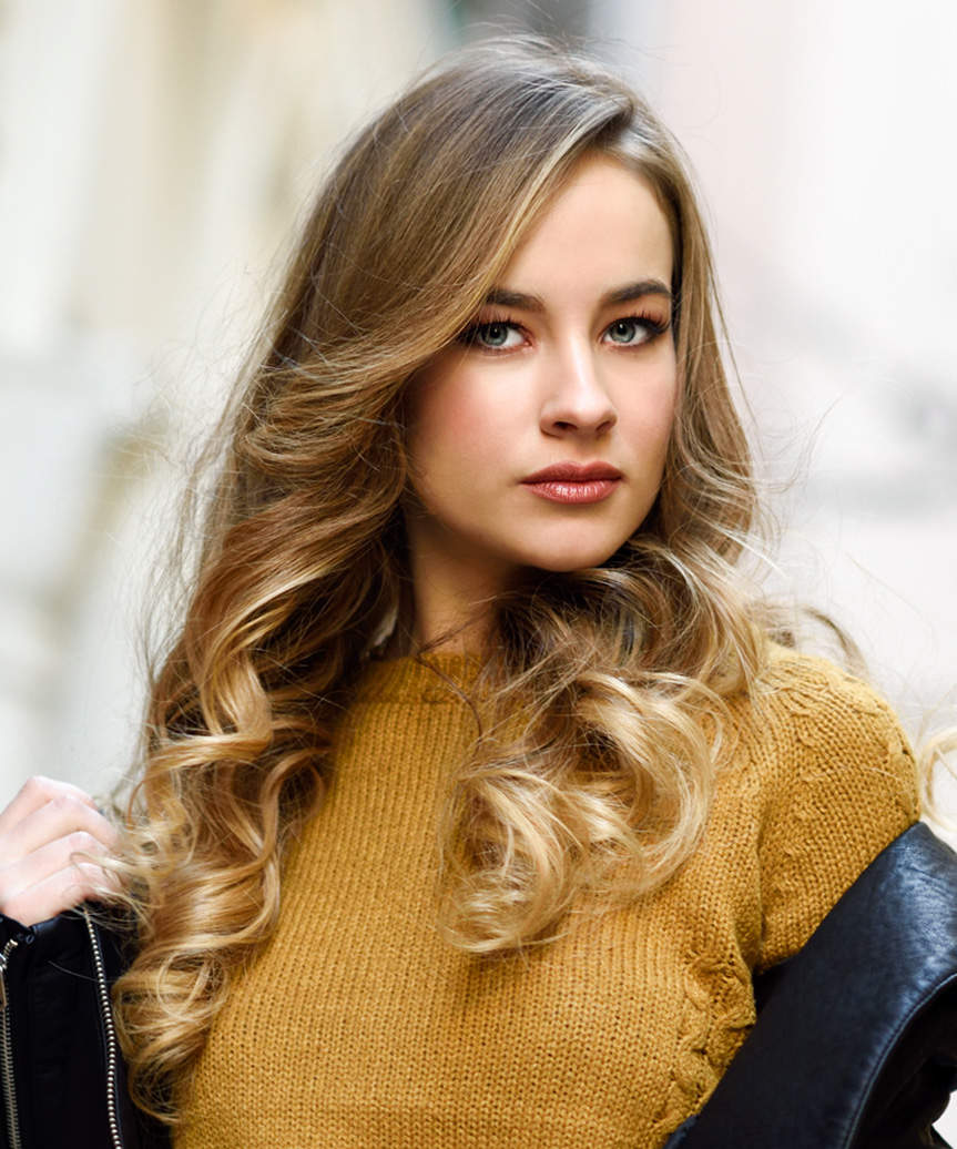 Mid-Back Blonde Balayage With Loose Curls — Simple Side Swept Bangs