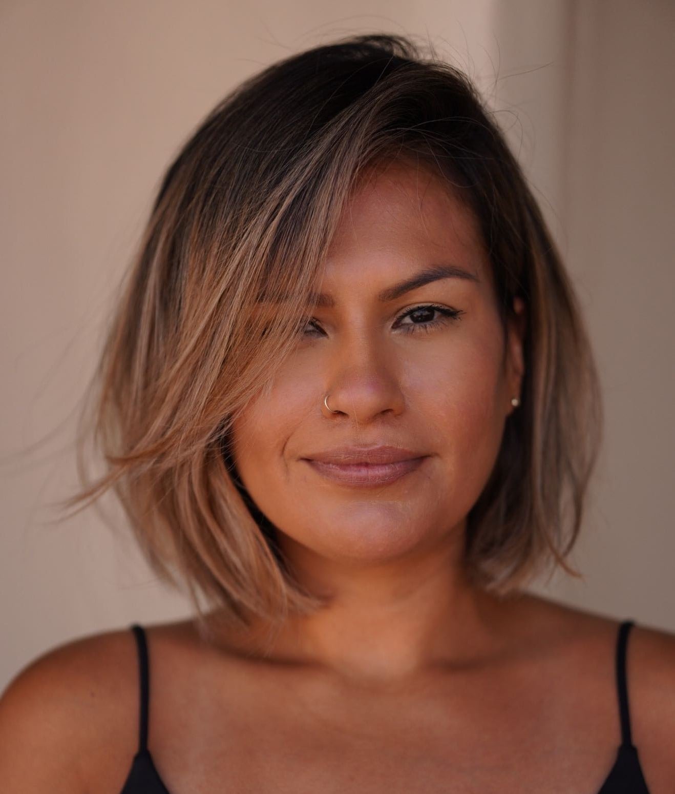 Chin Length Bob With Balayage And Side Swept Bangs — Simple Side Swept Bangs