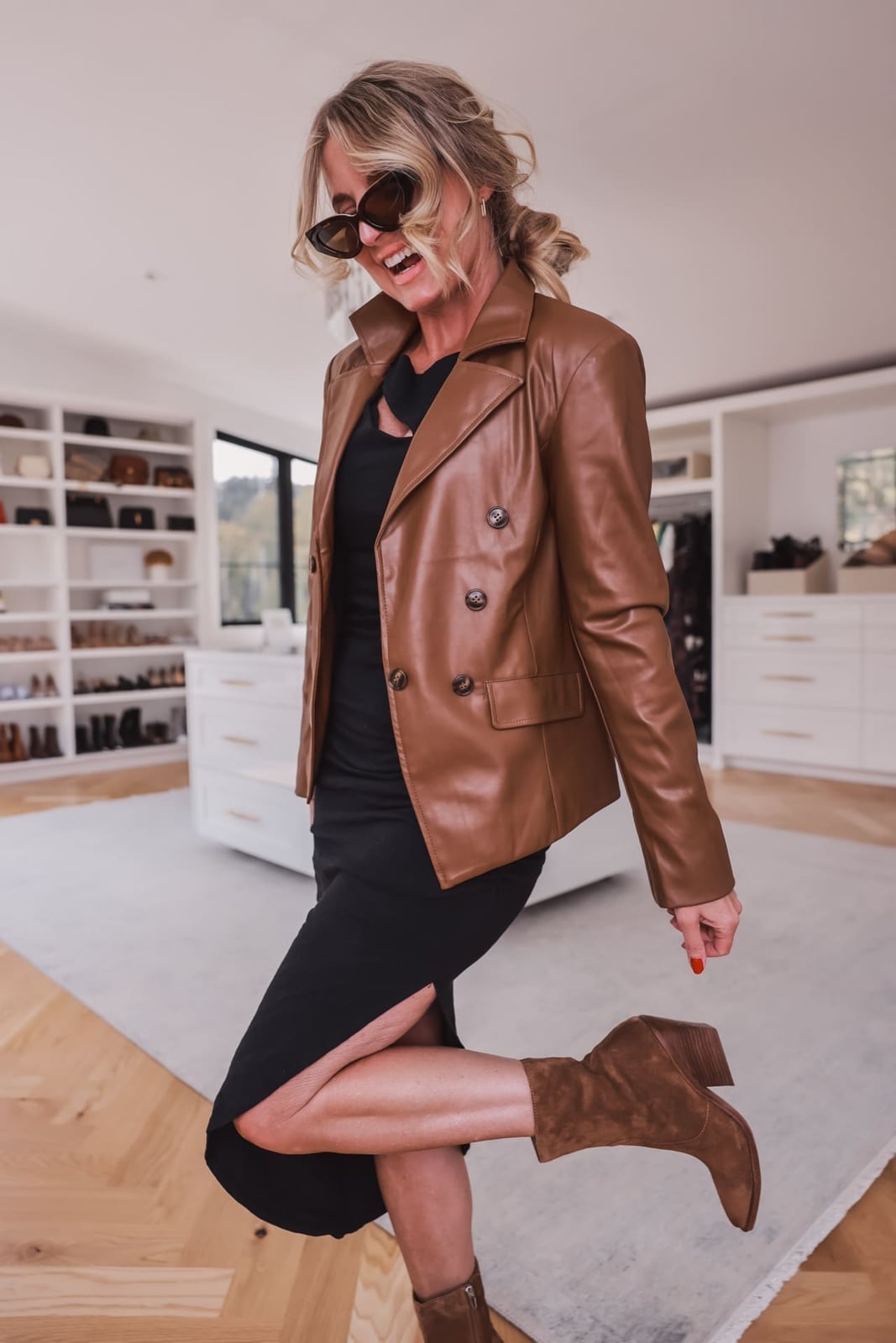 Leather Blazer Over Midi Dress with Heeled Boots — Simple Smart Casual Outfits