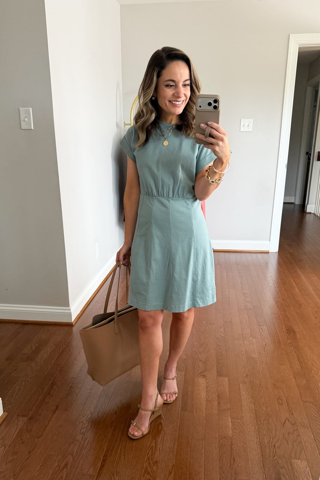 Pale Blue-Green Dress with Wedge Sandals — Simple Smart Casual Outfits