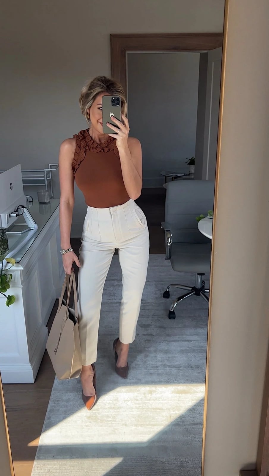 Ruffled Top with Cream Trousers and Pointed Heels — Simple Smart Casual Outfits