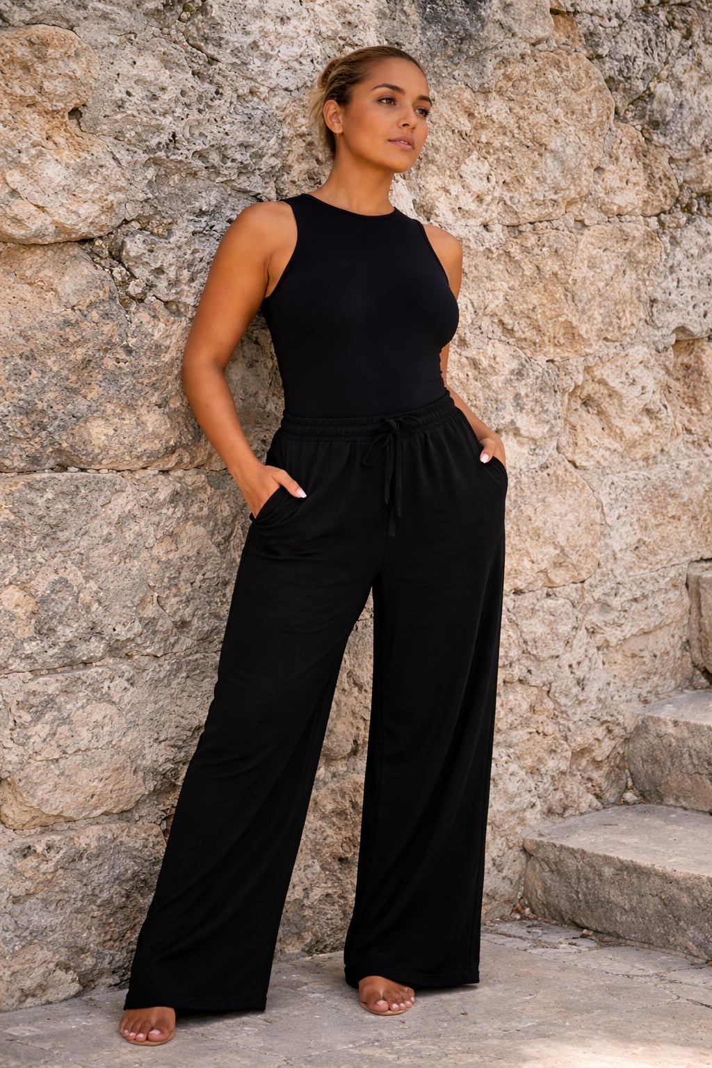 Black Bodysuit with Wide-Leg Trousers — Simple Smart Casual Outfits